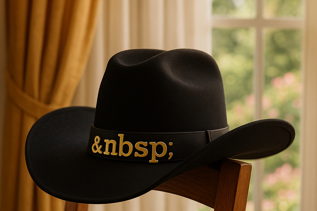 Black cowboy hat with &nbsp; in gold lettering on the band, symbolizing HTML culture and creative structure