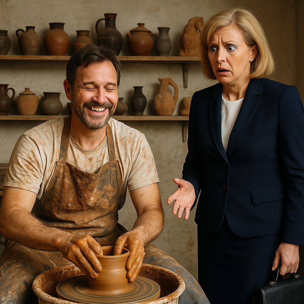 Businesswoman shocked watching potter at work